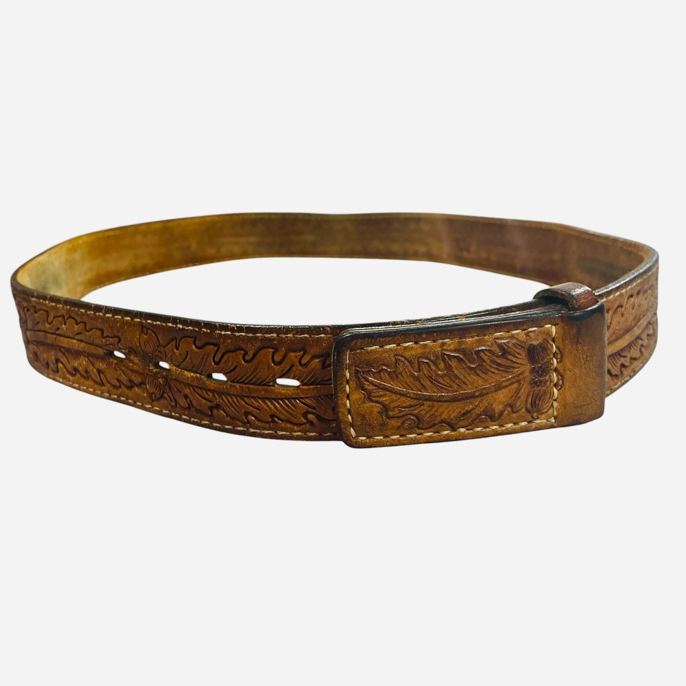 Tony Lama Mens Vintage Brown Leather Hand Tooled Oak Leaf Western Belt 36 USA